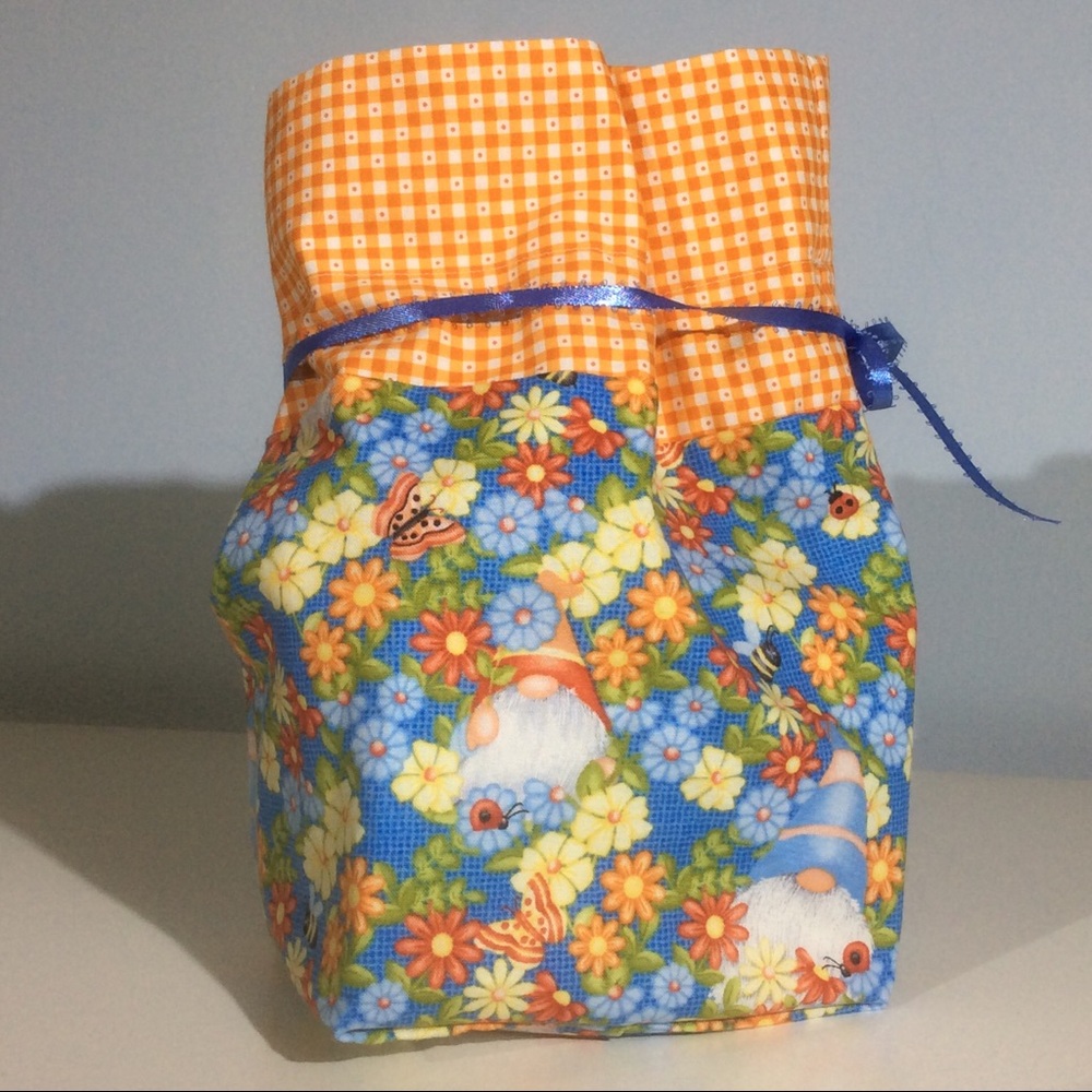 Garden Gnome Cinch Bag Orange Butterflies Flowers Blue Ribbon Floral Sack